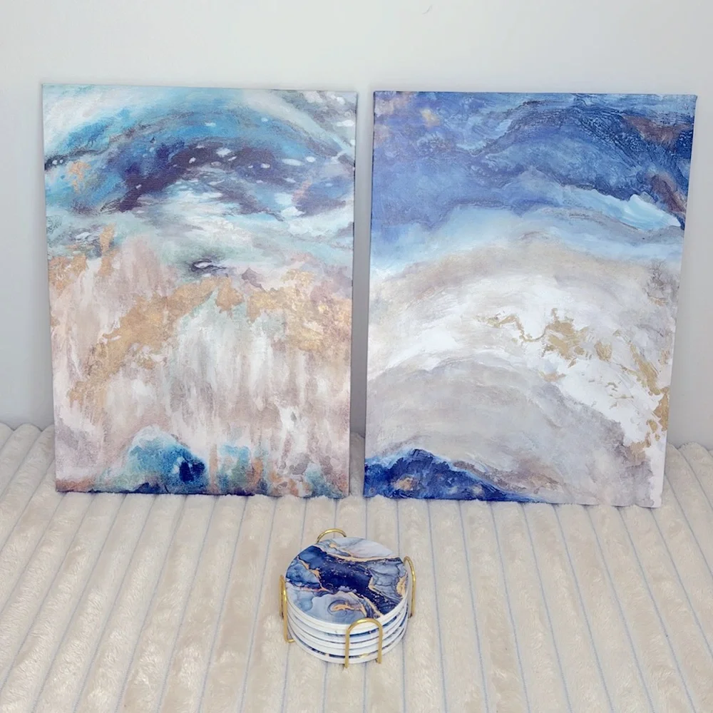 6 Pcs Navy Blue and Gold Marble Abstract Ceramic Coasters with Gold Holder